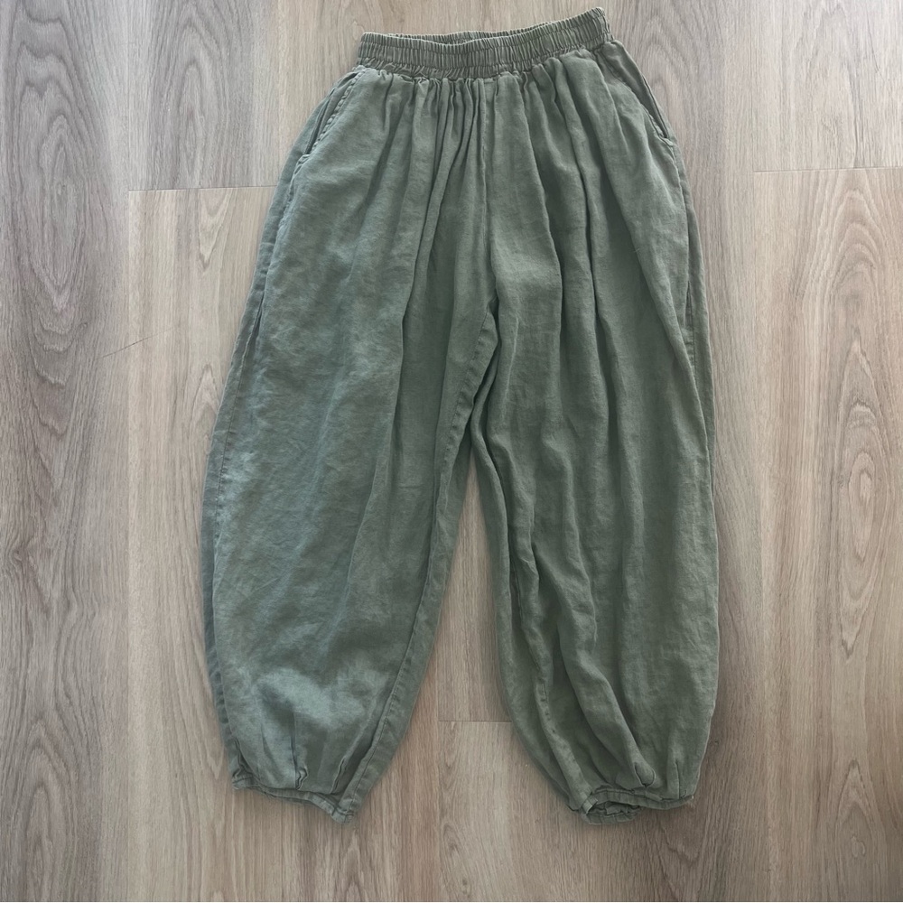Linen cropped balloon pant with elastic waist xs